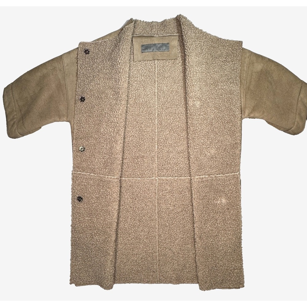 Zara Basic Jacket S Faux Suede Shearling Lined Coat‎ Beige 3/4 Sleeve Mid length - Picture 2 of 5